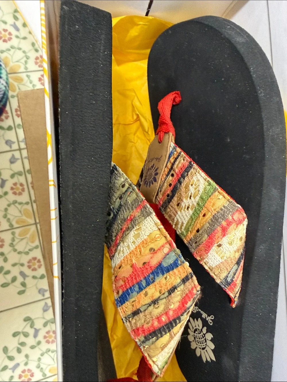 Yellow Box Black Sandals with Red and Multicolor Woven Straps - Picture 5 of 5